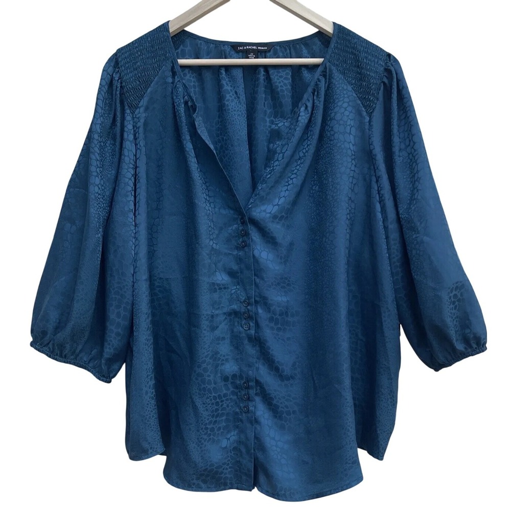 2X Zac & Rachel Woman Blue Button Down 3/4 Sleeve Blouse Top Snake Animal Print